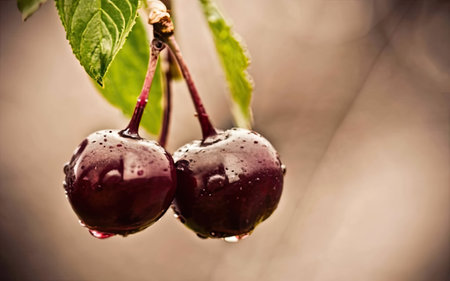 Cherries hanging on a cherry tree branch with water dropletsの素材