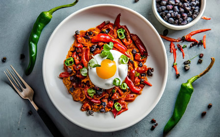 Spicy chili con carne served with fried egg on a plateの素材