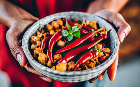 Close-up of hands of african american woman in red apron holding bowl with chili peppersの素材