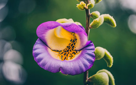 Close up of a purple and yellow flower with blurred green background.の素材