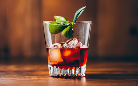 whiskey with ice and mint in a glass on a wooden backgroundの素材