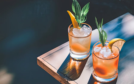 Cocktail with orange and ice on the table in the restaurantの素材