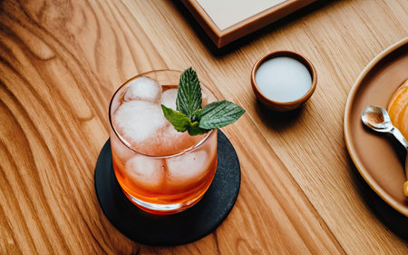 Cocktail in a glass with ice and mint on a wooden tableの素材