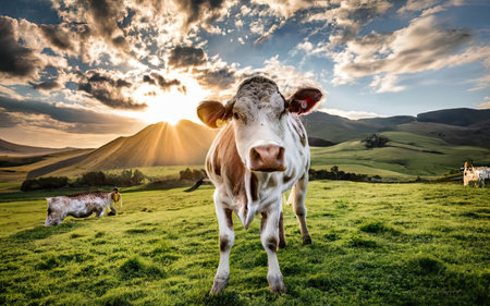 Cow on a meadow with cows in the background at sunset.の素材