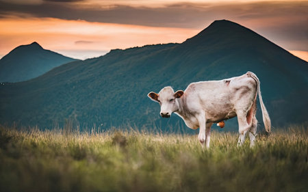 Cow on the meadow in the mountains at sunset. Toned.の素材