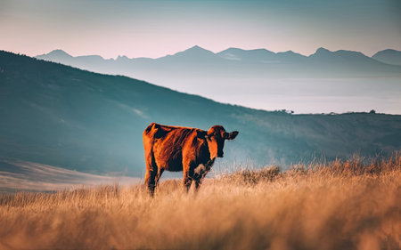 Cow grazing in the meadow with mountains in the background at sunsetの素材