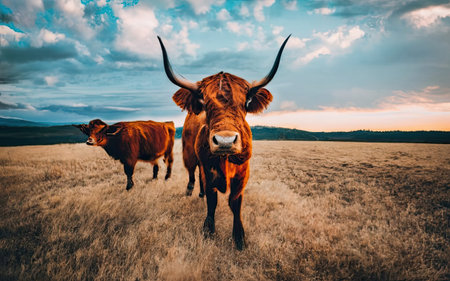 Longhorn cows grazing in a field at sunset in the summerの素材