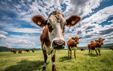 Herd of cows on a green meadow under blue sky with cloudsの素材