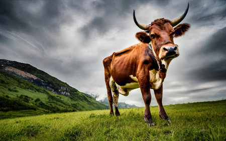 Brown cow on a green meadow with mountains in the background.の素材