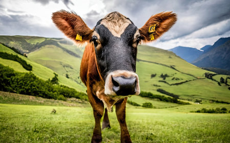 Cow in the meadow on the background of the mountains and cloudsの素材