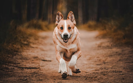 Red Welsh Corgi dog running in the autumn forest. Selective focus.の素材