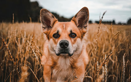Portrait of a Welsh Corgi dog in a wheat fieldの素材