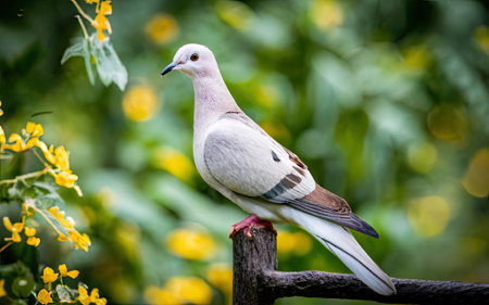 Pigeon on the fence with yellow flowers background in the parkの素材