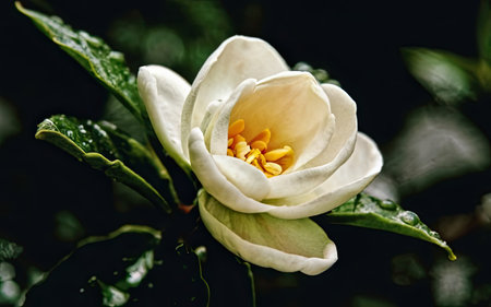 White camellia flower on a dark background, close-upの素材