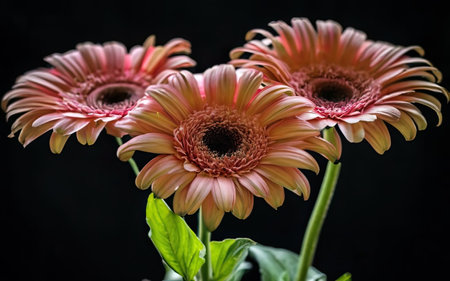 Three pink gerbera flowers on a black background, close upの素材