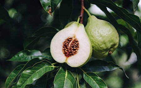 Guava fruit on the tree with green leaves in the garden.の素材