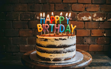 Birthday cake with candles on brick wall background. Happy Birthday.の素材