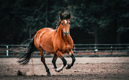 Horse galloping in the paddock at sunset in summer.の素材