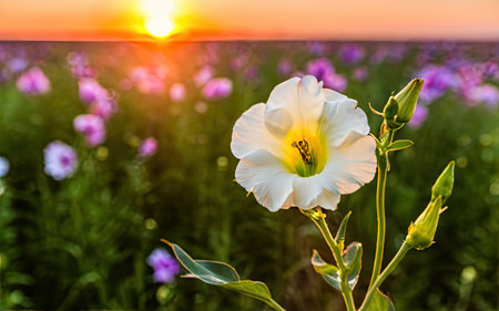 White flower on the background of the setting sun in the field.の素材