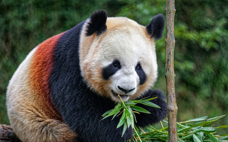Giant panda eating bamboo leaves in the zoo, Chengdu, Chinaの素材