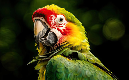 Red-and-yellow macaw parrot on a green backgroundの素材