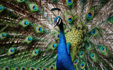 Portrait of beautiful peacock with feathers out. Peacock close up.の素材