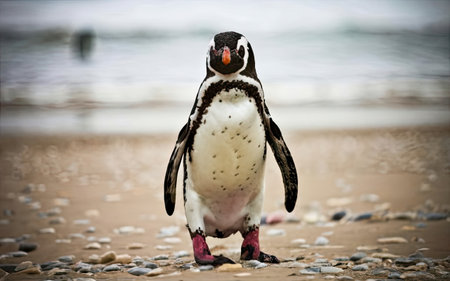 African penguin (Spheniscus demersus) walking on the beach in the Falkland Islands.の素材