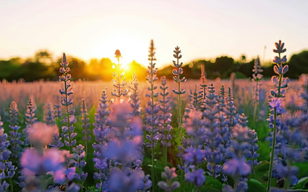 Lupine flowers in the field at sunset. Beautiful summer landscape.の素材