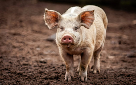 Portrait of a cute pig in the mud, selective focus.の素材