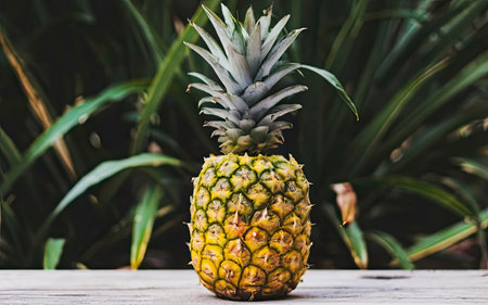 Pineapple on a wooden table in the garden. Selective focus.の素材