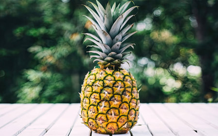 Pineapple on a wooden table in the garden. Summer concept.の素材