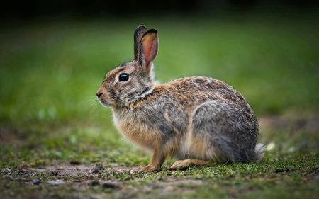 Cute rabbit sitting on the grass in the forest. Wildlife scene from nature.の素材