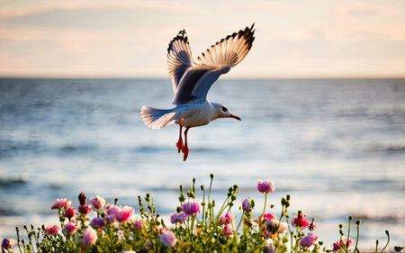 Seagull in flight on the background of the sea and flowersの素材