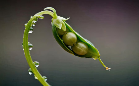 Green pea pod with water drops on a dark background close upの素材