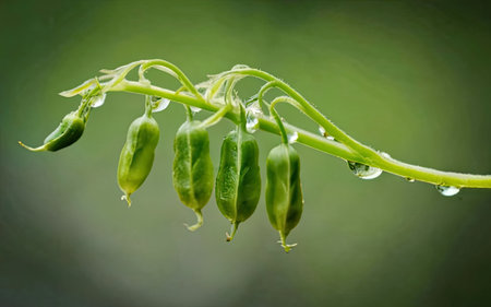 Green pea pods with water droplets on it, close upの素材