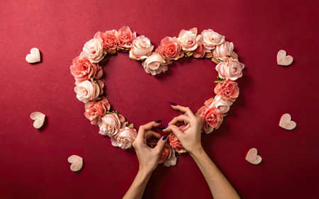 Female hands hold a heart made of pink roses on a red backgroundの素材