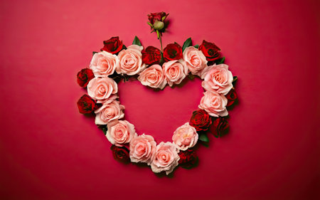 Heart shape made of roses on red background. Valentines day conceptの素材