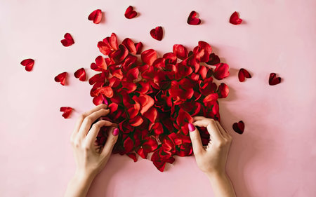 Female hands holding red rose petals in heart shape on pink backgroundの素材
