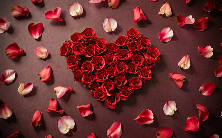 Red heart with rose petals on brown background. Valentines day backgroundの素材