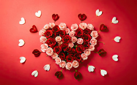 Heart made of red and pink roses on a red background with white heartsの素材
