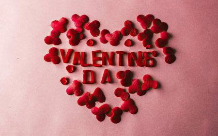 Valentine's Day background with red hearts on pink background.の素材