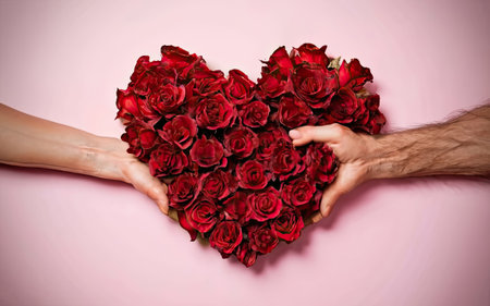 Hands of man and woman holding a heart made of red roses on pink backgroundの素材