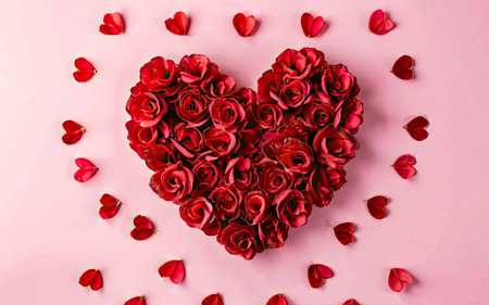 Valentine's day background. Red heart made of rose petals on pink background.の素材