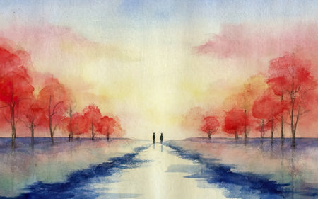 Watercolor painting of a man and woman walking along a lake in autumnの素材