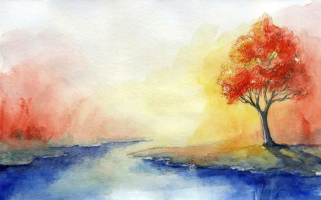 Watercolor painting of autumn tree on the lake. Hand drawn illustrationの素材