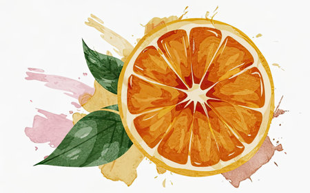Sliced orange with watercolor splashes on a white backgroundの素材