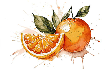 Fresh orange fruit with watercolor splashes. Hand drawn vector illustrationの素材