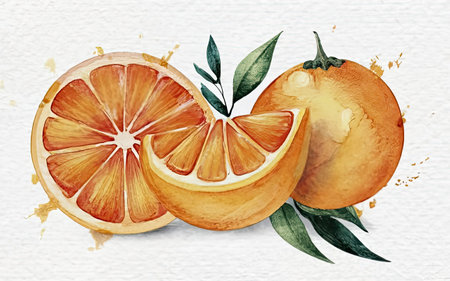 Watercolor painting of orange fruit with leaves and splash on white backgroundの素材