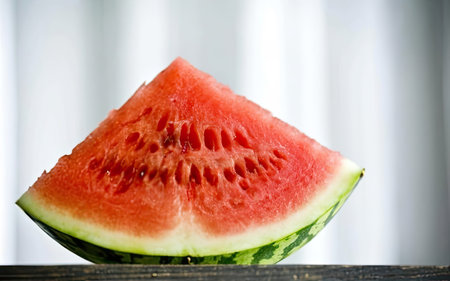 Watermelon slice on wooden table. Close-up. Selective focus.の素材