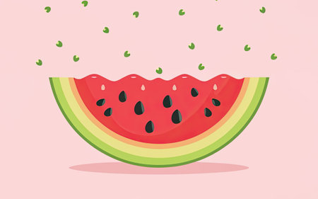 Watermelon flat vector illustration. Watermelon slice isolated on pink background.の素材